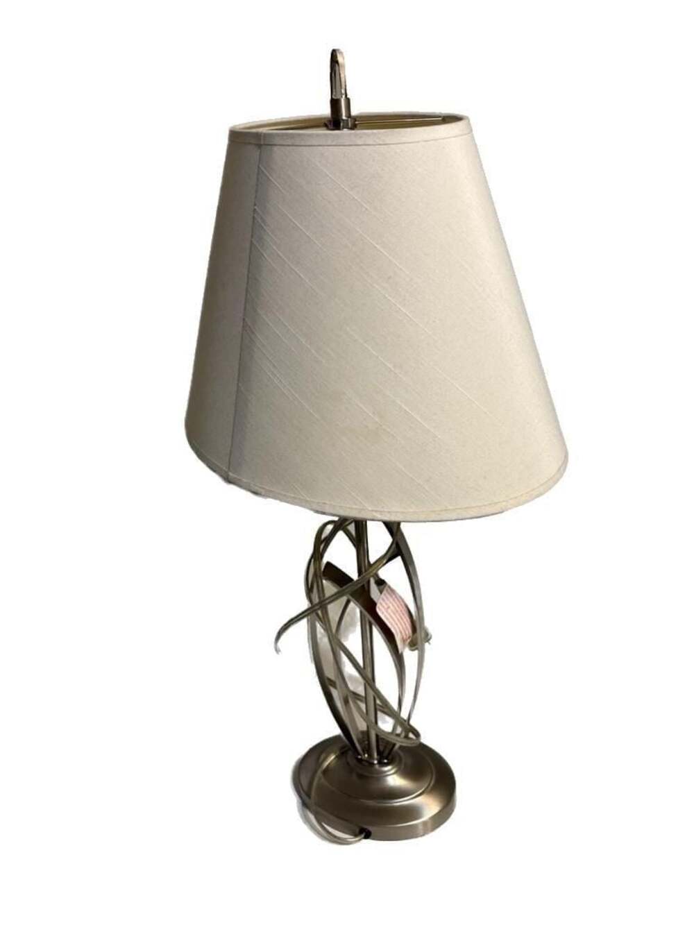 Cheyenne Modern Brushed Nickel Orbital Twist Metal Table Lamp with White Fabric